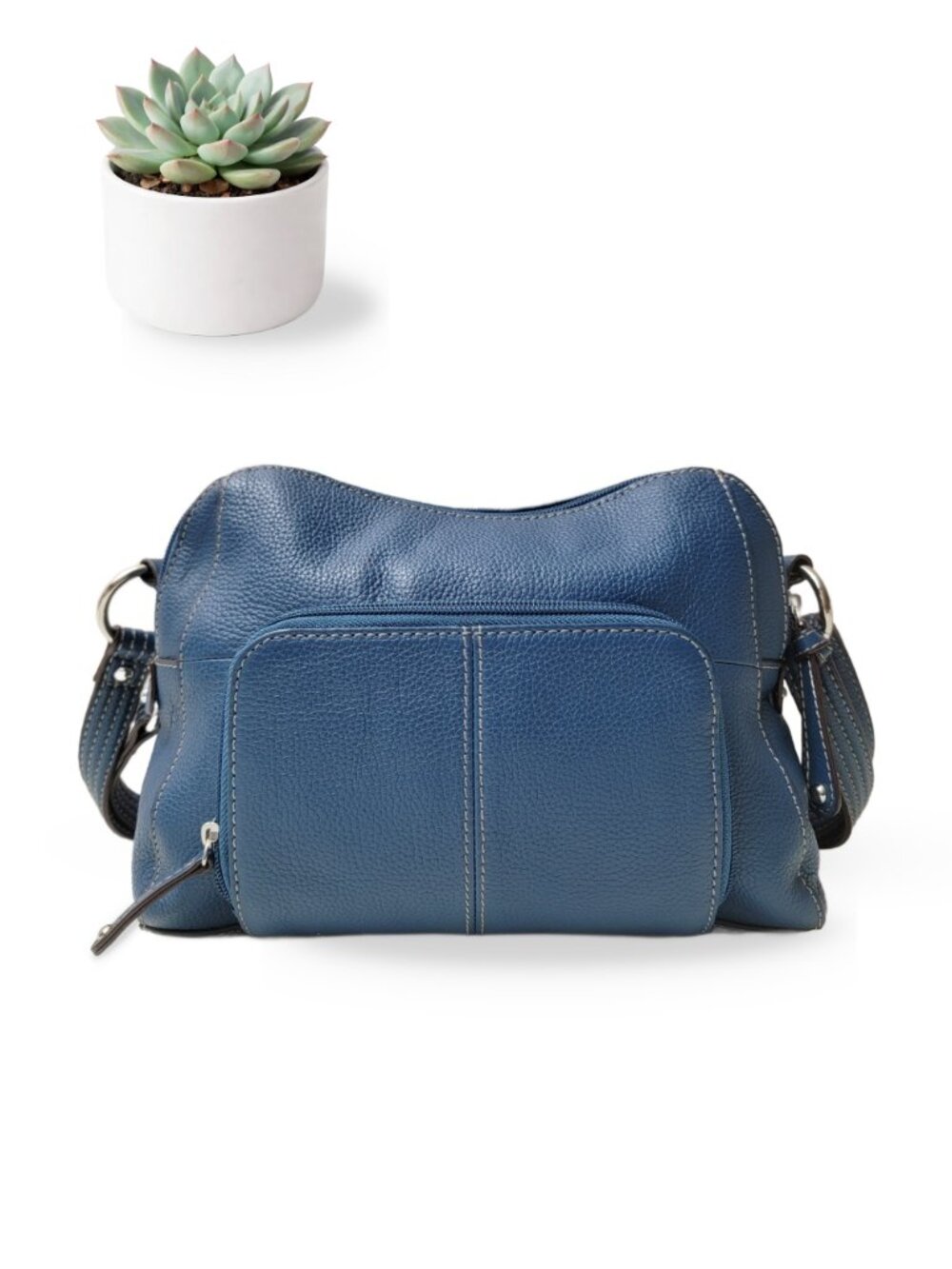 Tignanello Blue Pebbled Genuine Leather Crossbody Bag Multi-Zip Silver Hardware - Picture 3 of 8